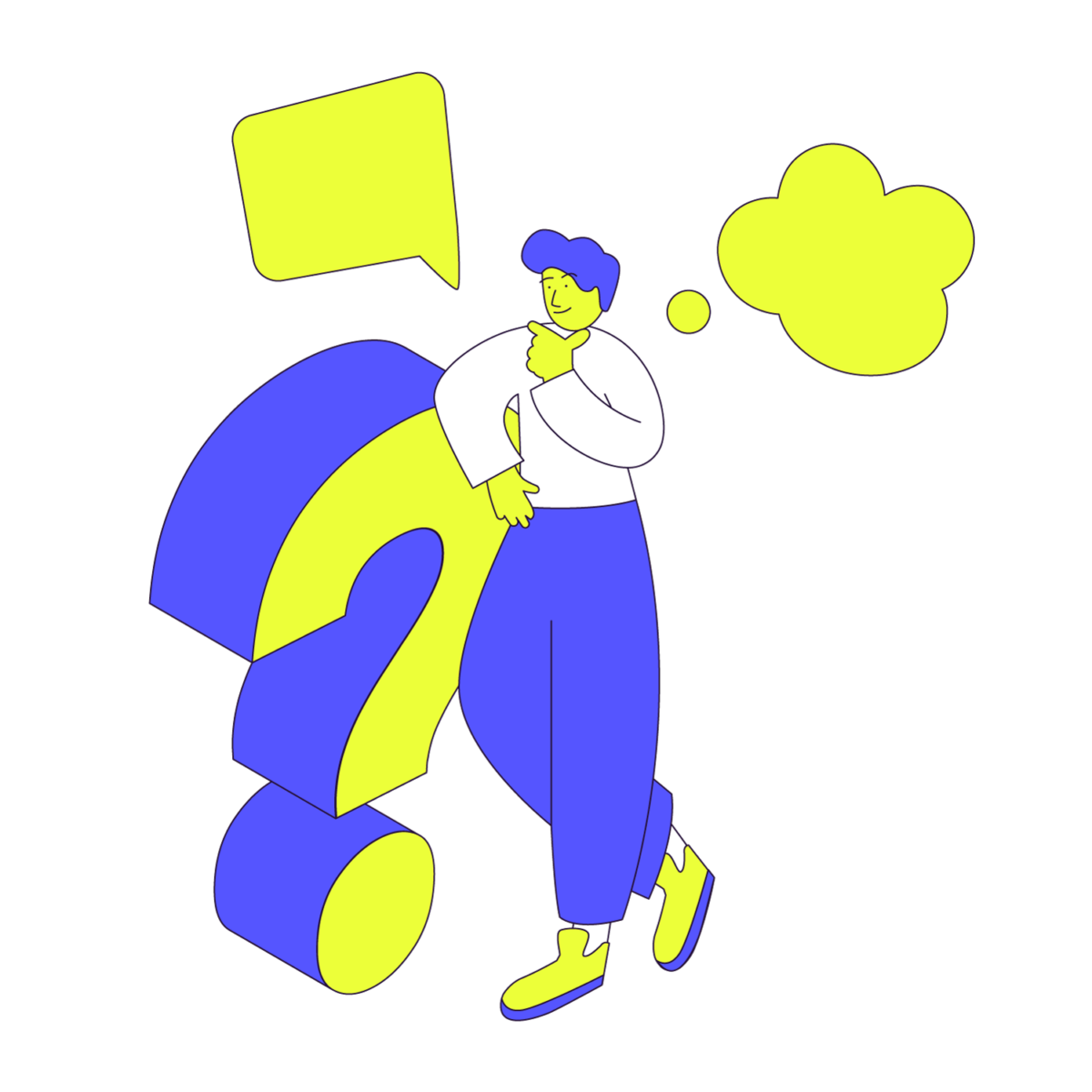 Illustration in Isometrie von einer Person in Blau und Gelb, mit fragendem Gesichtsausdruck. Die Person lehnt an einem großen Fragezeichen, mit Sprech- und Gedankenblasen darüber.